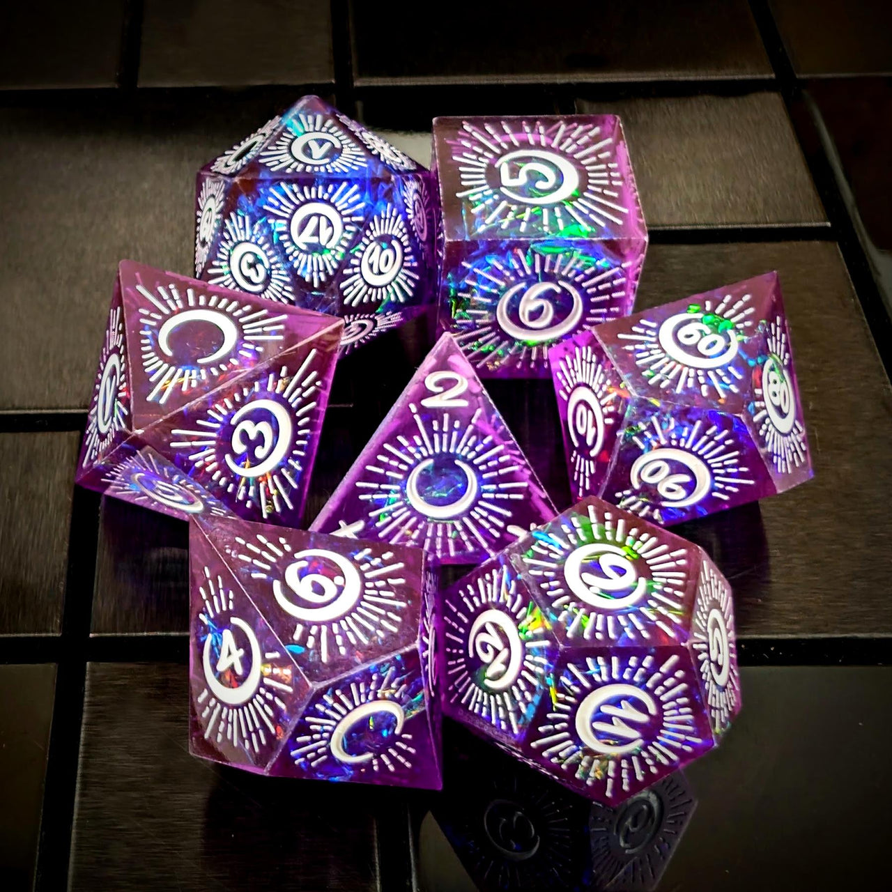 Moon on Purple with White Swirl Sharp Resin - 7pcs RPG Dice Set