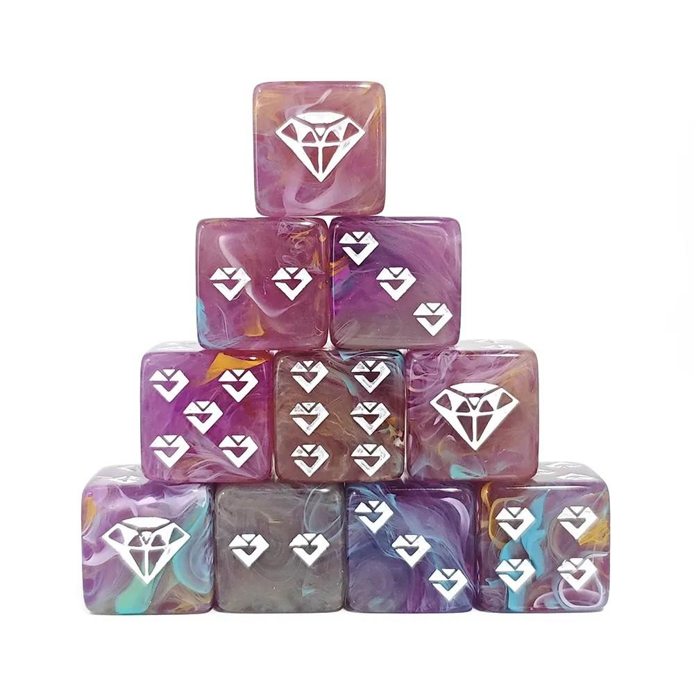 6pcs D6 16mm Dice Acrylic Swirl Diamond Pip White Font Blue Purple