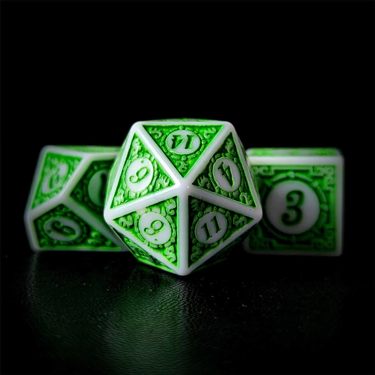 Green Lattice on White Acrylic - 7pcs RPG Full Dice Set Close