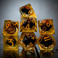 Thumbnail for Orange Beholder in Orange & Clear Liquid Filled Sharp Resin - 7pcs RPG Dice Set