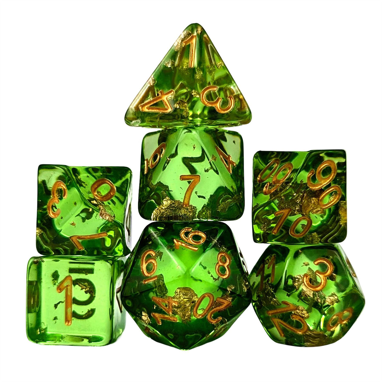 Gold Foil in Clear & Green Resin - 7pcs RPG Full Dice Set