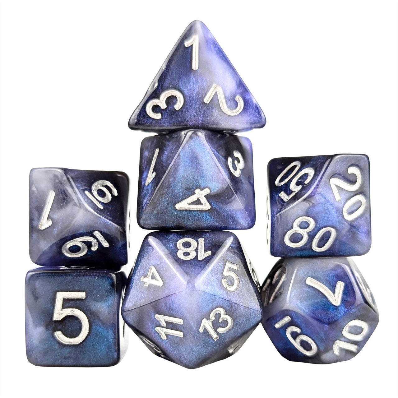 Glitter in Blue & Black Resin - 7pcs RPG Full Dice Set