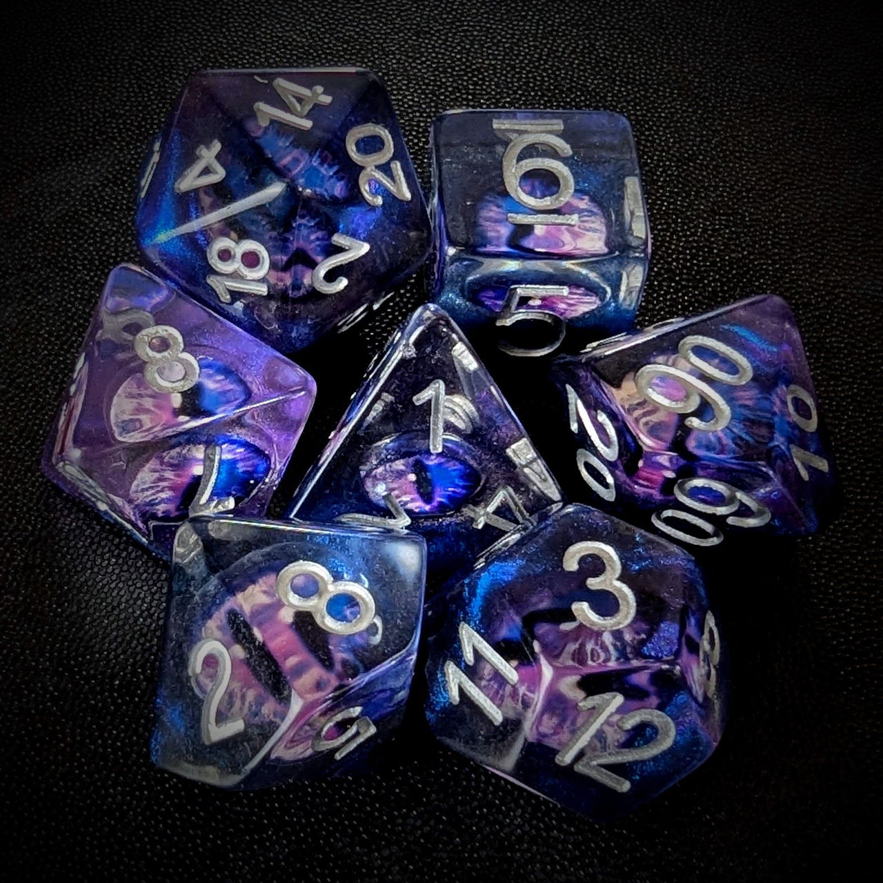 Demon Eye in Clear & Purple Resin - 7pcs RPG Full Dice Set