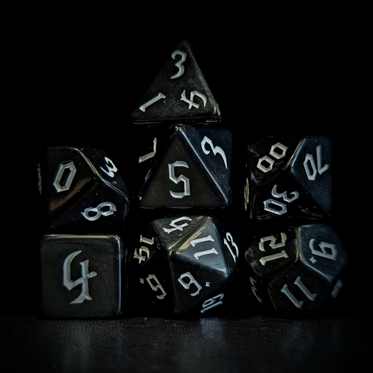 White on Solid Black Acrylic - 7pcs RPG Full Dice Set Dark Stack