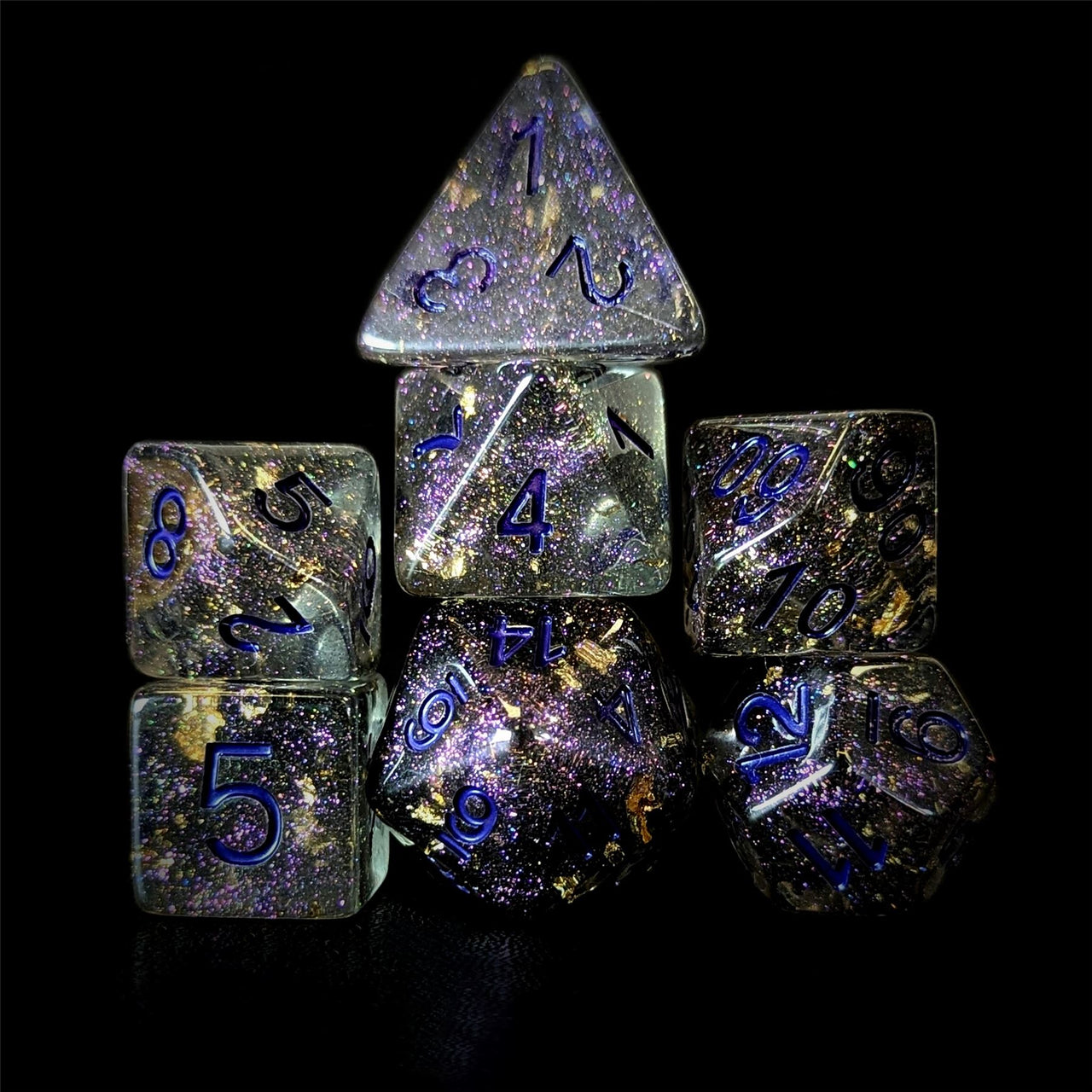 Gold Foil in Clear & Grey Resin - 7pcs RPG Full Dice Set