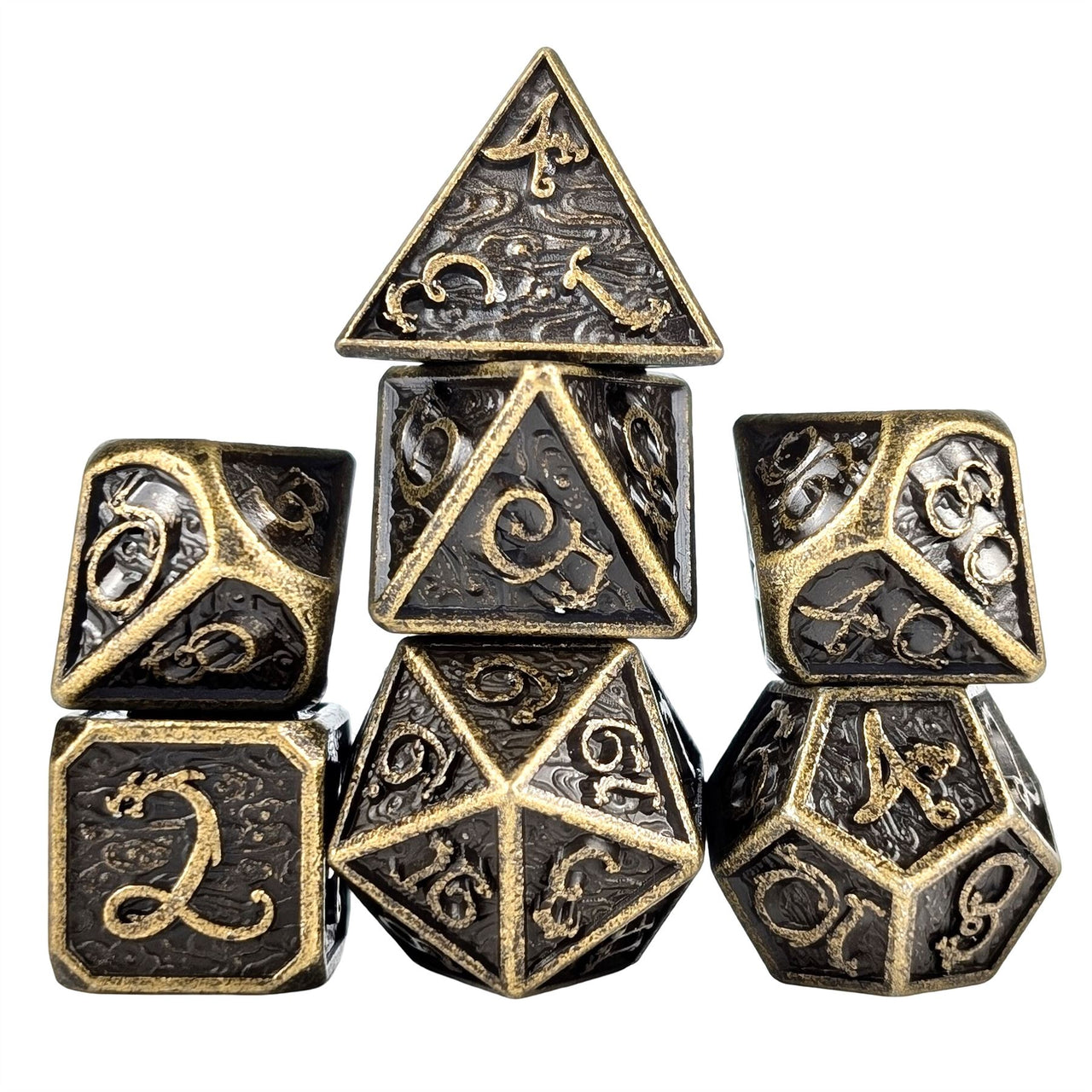 Bronze Metal with Dragon Font - 7pcs RPG Dice Set