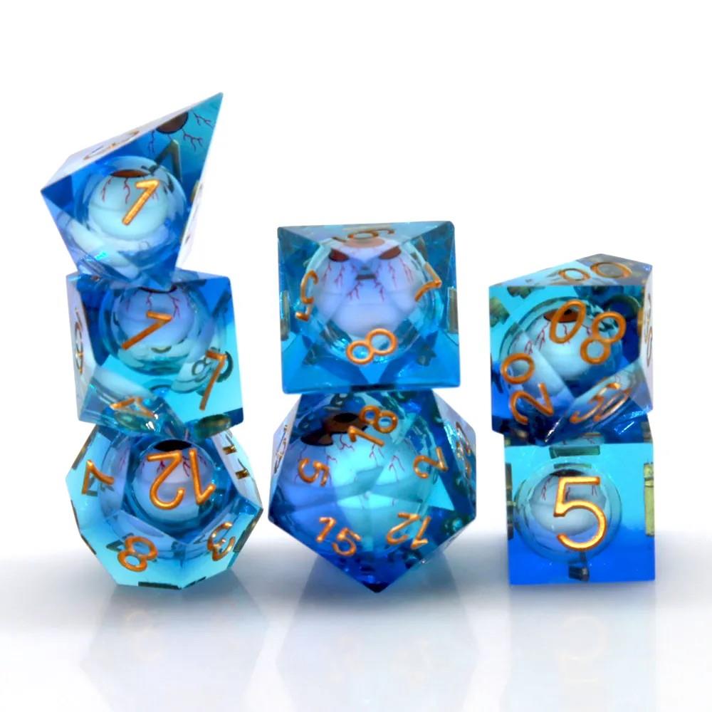 Orange Eye Ball in Clear & Blue Liquid Filled Sharp Resin - 7pcs RPG Dice Set