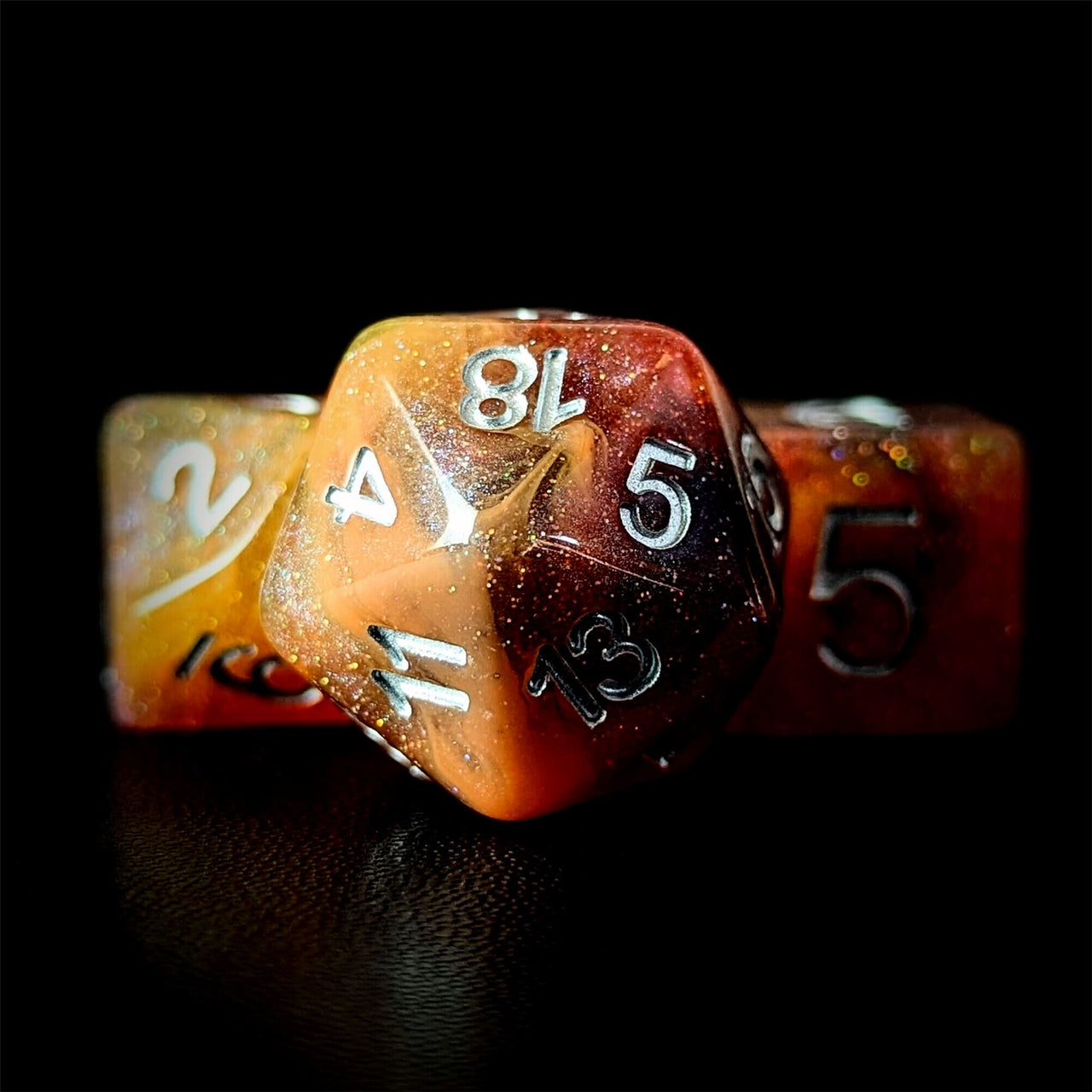 Glitter in Orange & Brown with Gold Resin - 7pcs RPG Full Dice Set