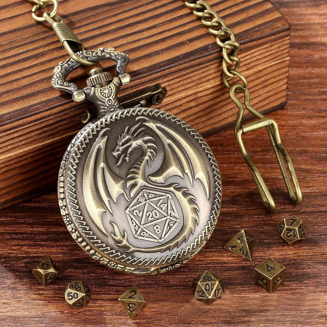 Dragon Wing on Bronze Pocket Watch with Mini Dice - Pendant