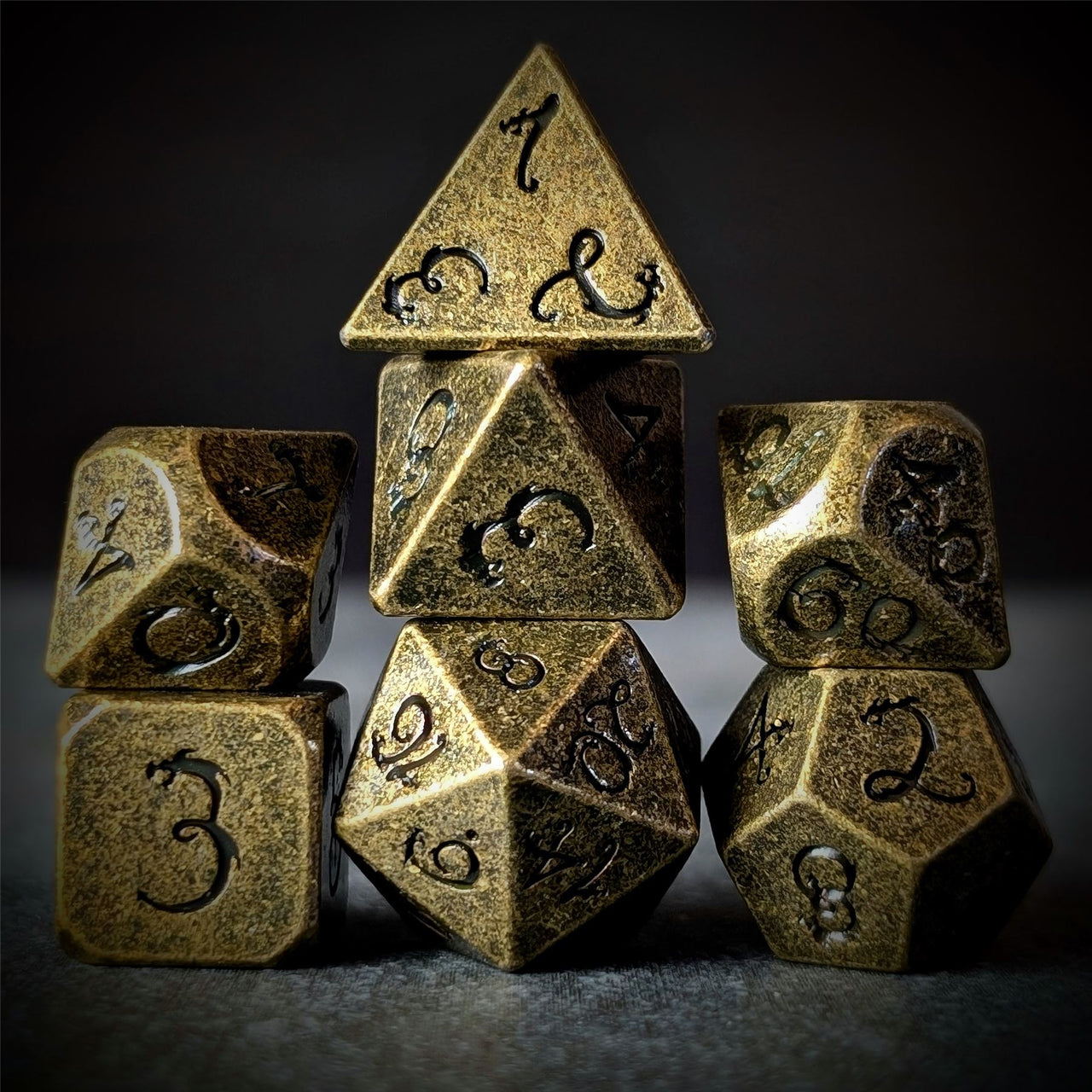 Bronze Metal with Black Dragon Font - 7pcs RPG Dice Set