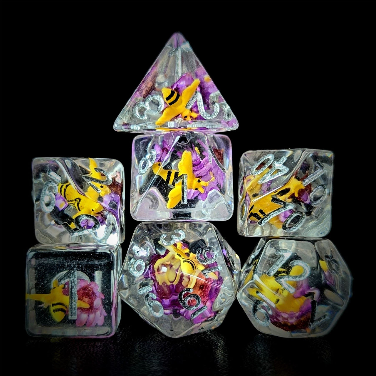 Bumble Bee in Clear Resin - 7pcs RPG Full Dice Set