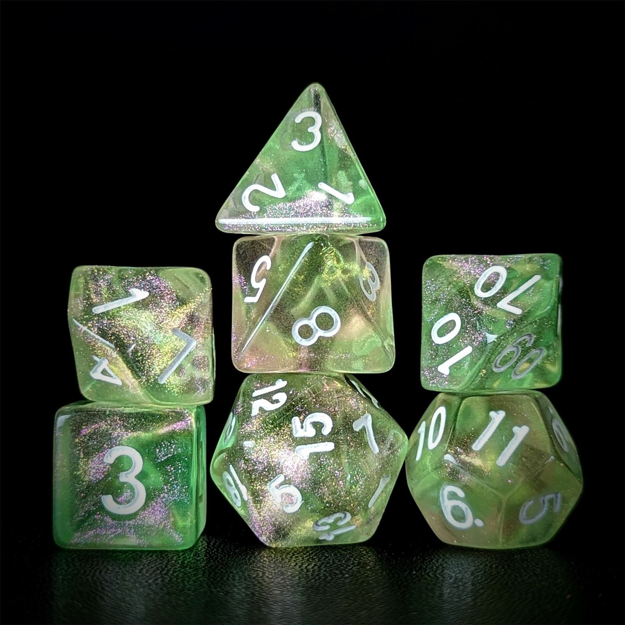 Glitter in Green & Yellow in Clear Acrylic - 7pcs RPG Full Dice Set Dark Stack