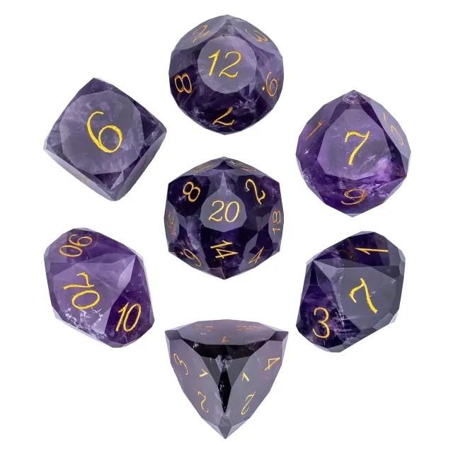 7pcs Dice Gem Stone Quartz Facet Gold Font Purple