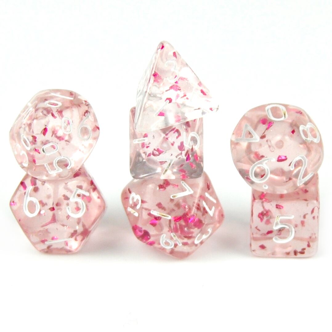 Glitter in Clear & Pink Acrylic - 7pcs RPG Mini Dice Set