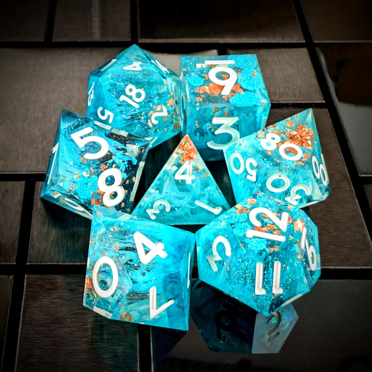 Blue Swirl in Teal with Gold Foil Sharp Resin - 7pcs RPG Dice Set