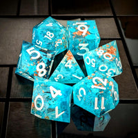 Thumbnail for Blue Swirl in Teal with Gold Foil Sharp Resin - 7pcs RPG Dice Set