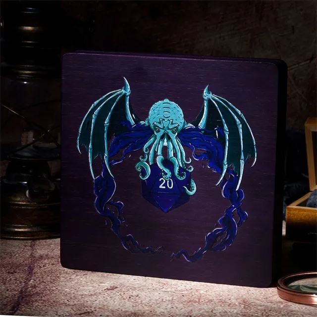 Purple Cthulu D20 on Bamboo Wood - Magnetic Dice Storage