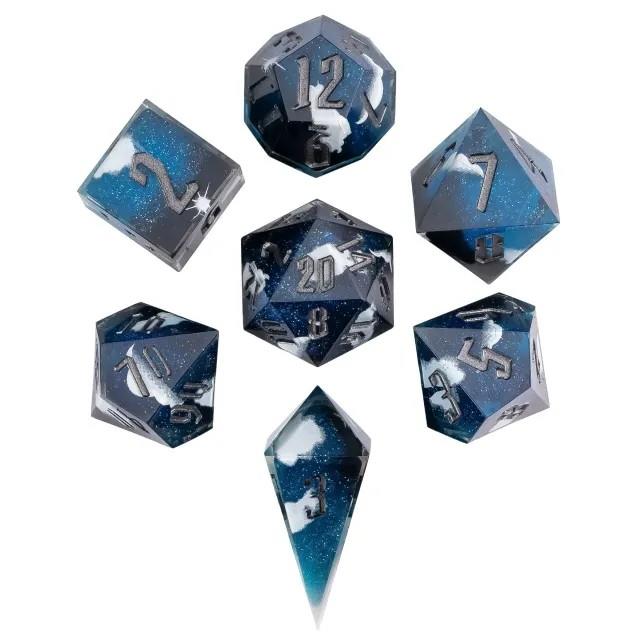 7pcs Dice Sharp Swirl Silver Font White Blue