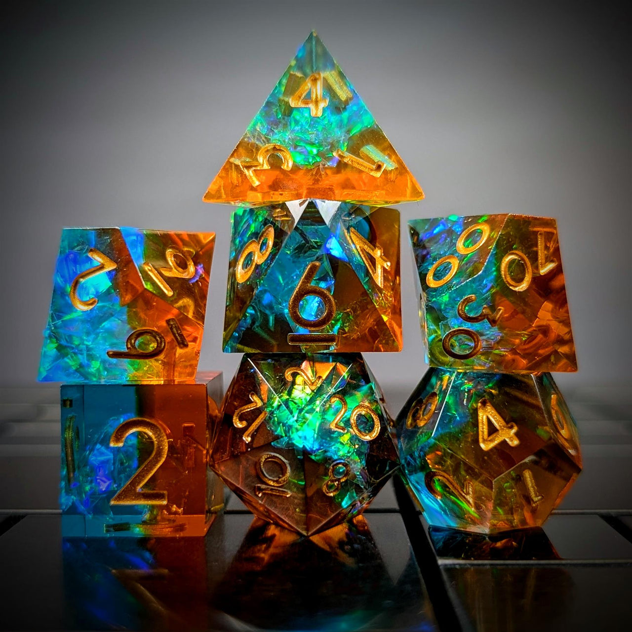 Candy in Cyan & Orange Sharp Resin - 7pcs RPG Dice Set