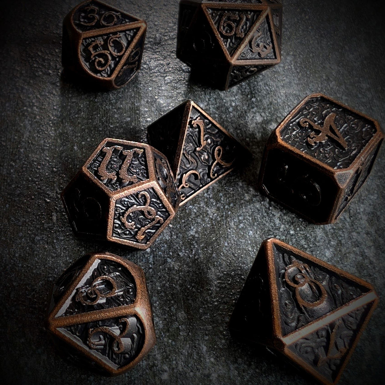 Copper Metal with Dragon Font - 7pcs RPG Dice Set