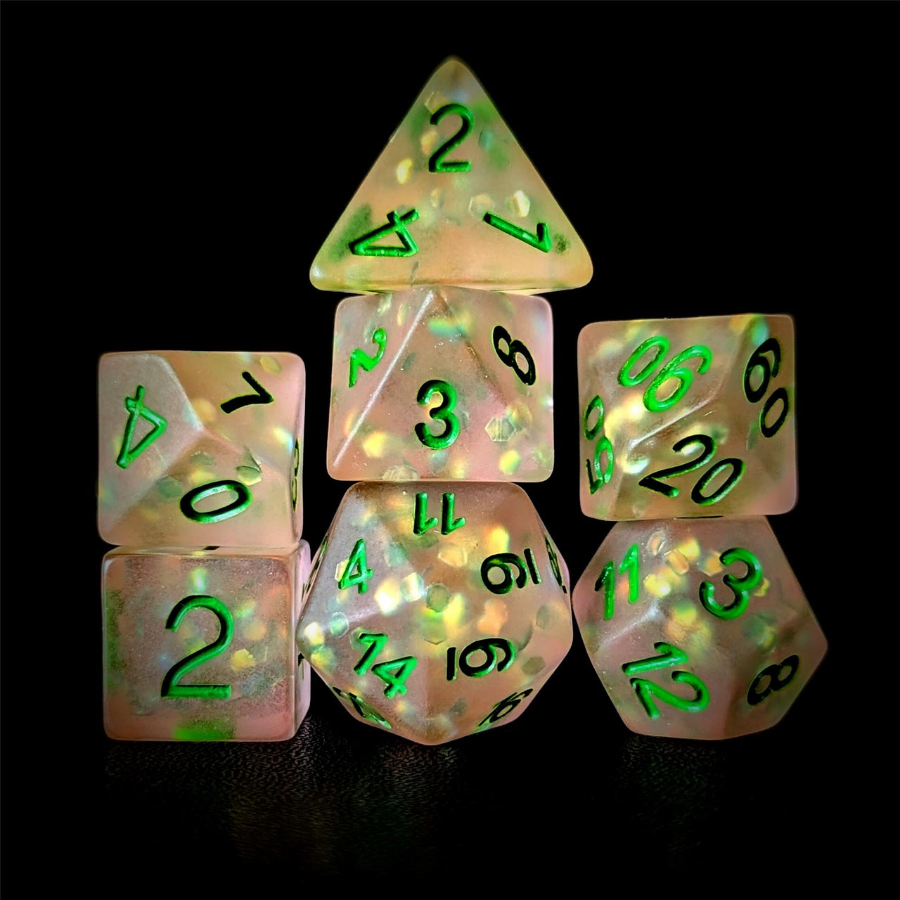 Confetti in Frosted Pink Resin - 7pcs RPG Full Dice Set