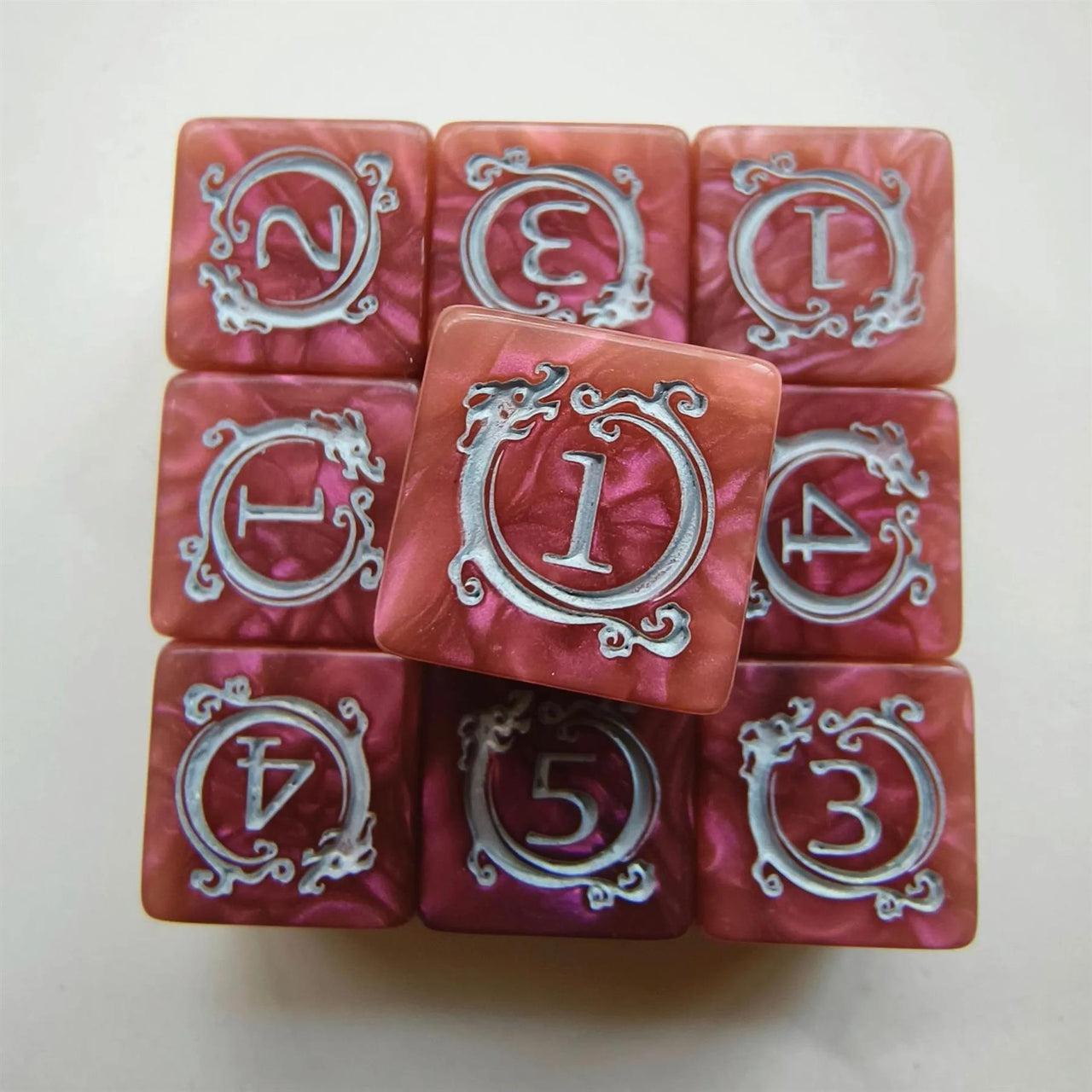 6pcs D6 17mm Dice Acrylic Blend Square Dragon Circle Silver Font Pink Brown