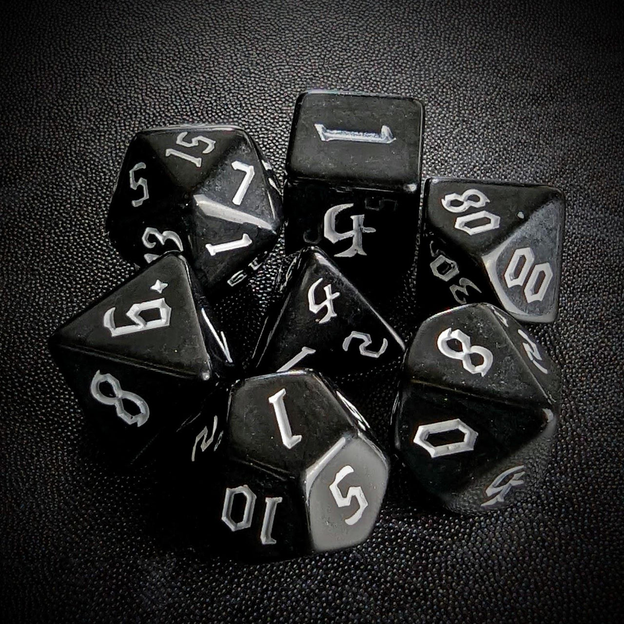 White on Solid Black Acrylic - 7pcs RPG Full Dice Set Top