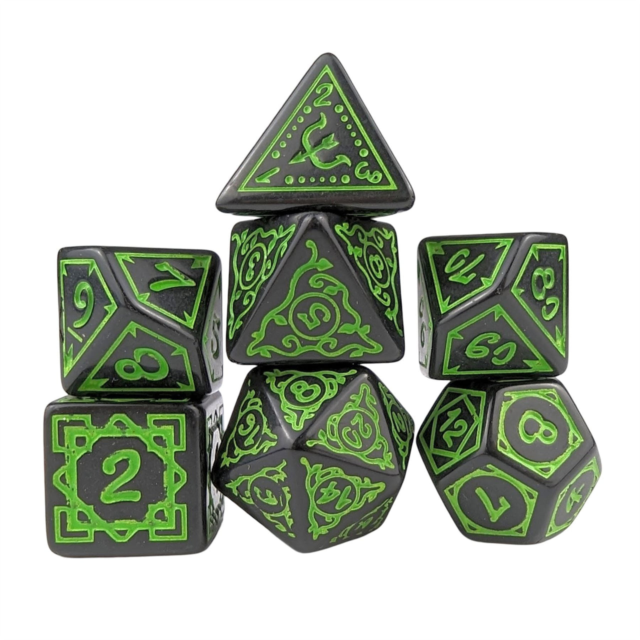 Green Vines on Black Acrylic - 7pcs RPG Full Dice Set White Stack