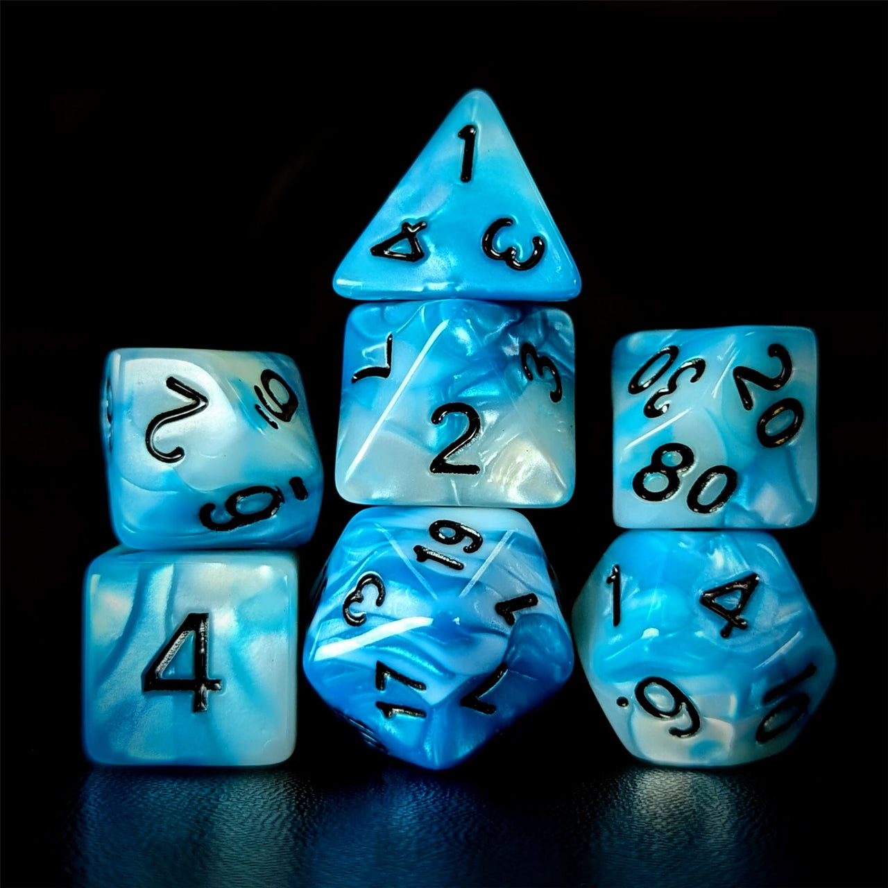 Blend of White & Blue Acrylic - 7pcs RPG Full Dice Set Dark Stack