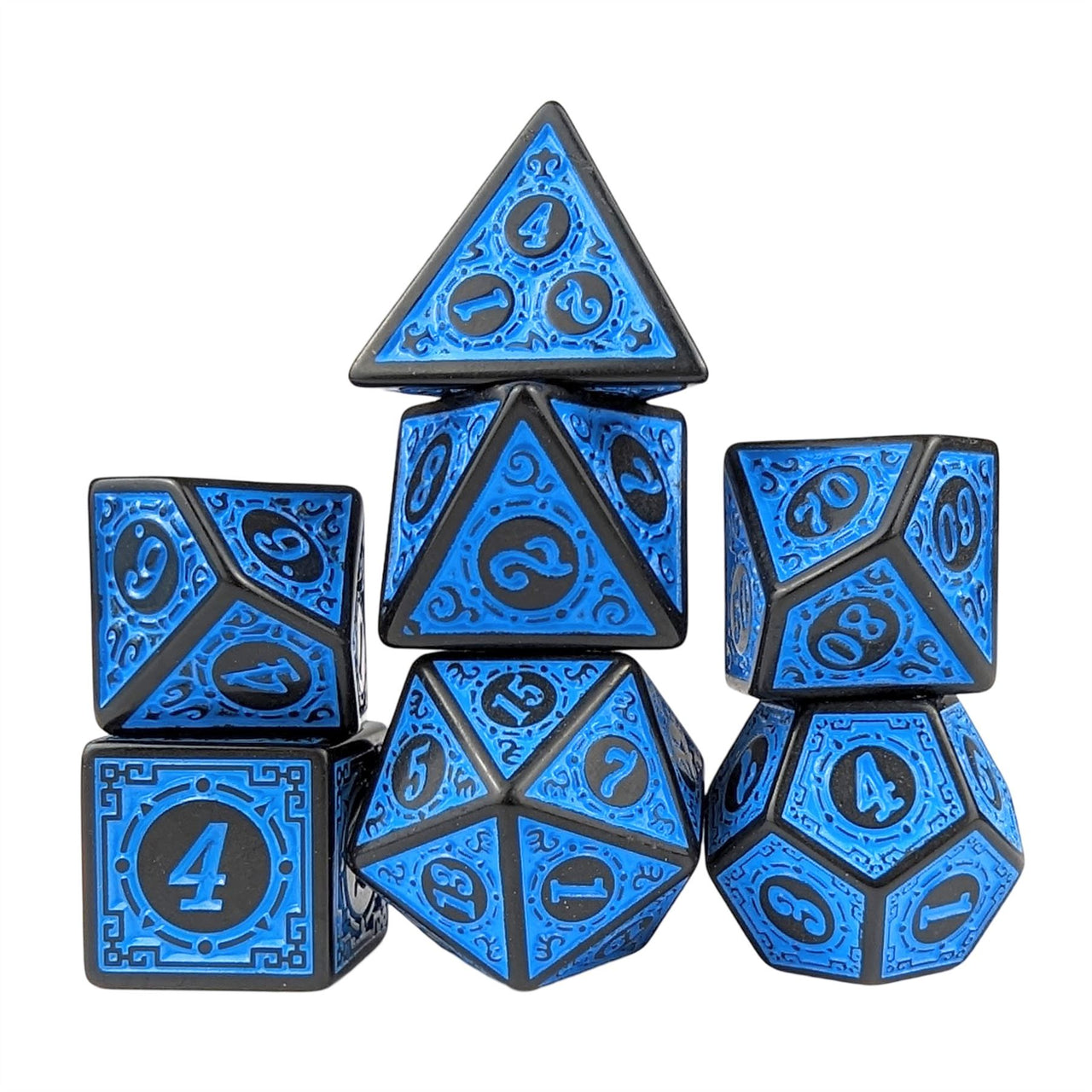 Blue Lattice on Black Acrylic - 7pcs RPG Full Dice Set White Stack