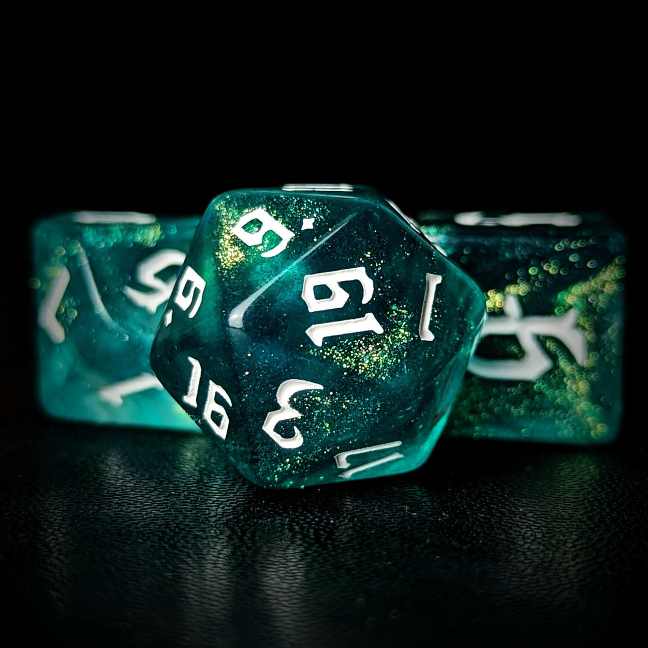 Glitter in Blue & Green Acrylic - 7pcs RPG Full Dice Set Close