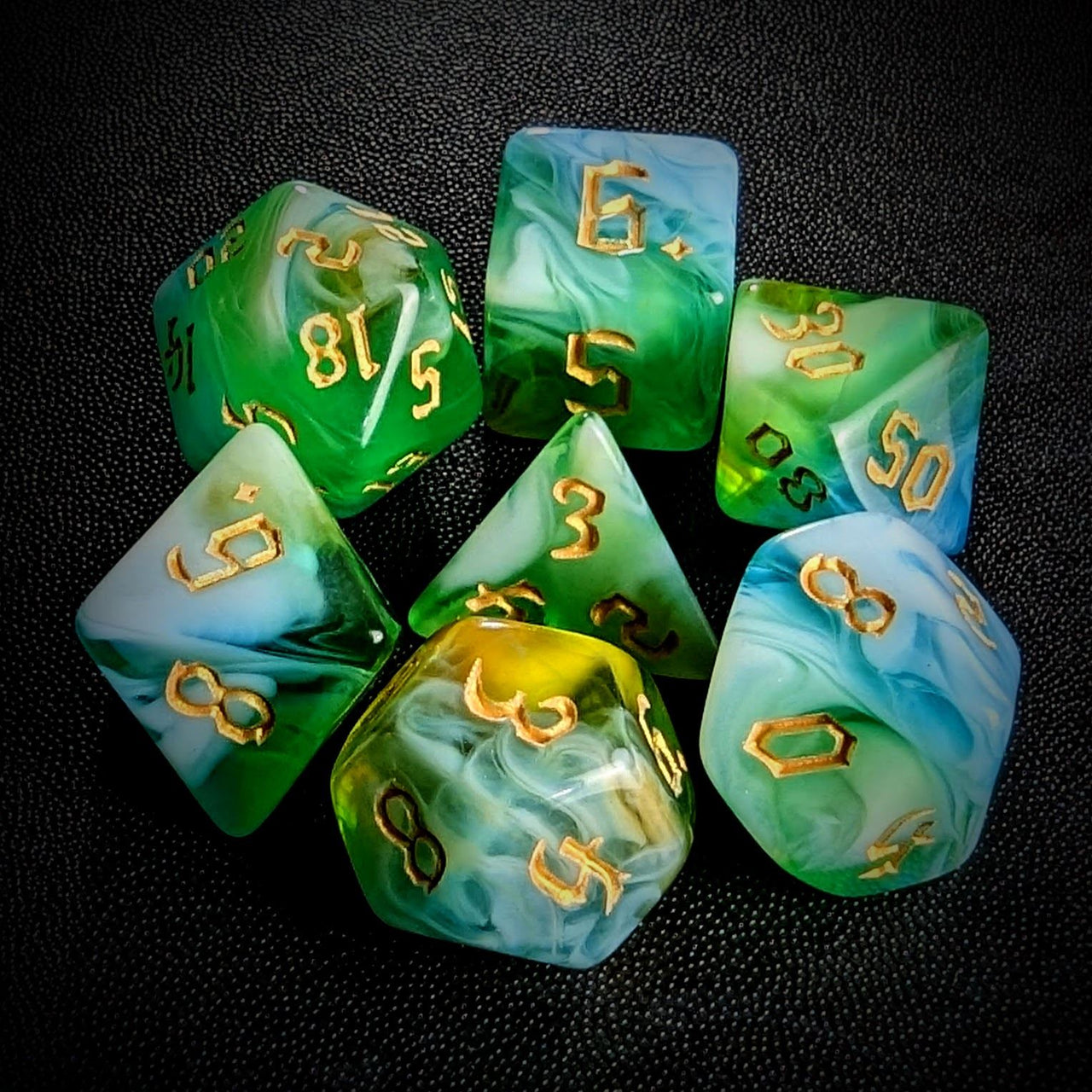 Blend of Green & Sky Blue Acrylic - 7pcs RPG Full Dice Set Top