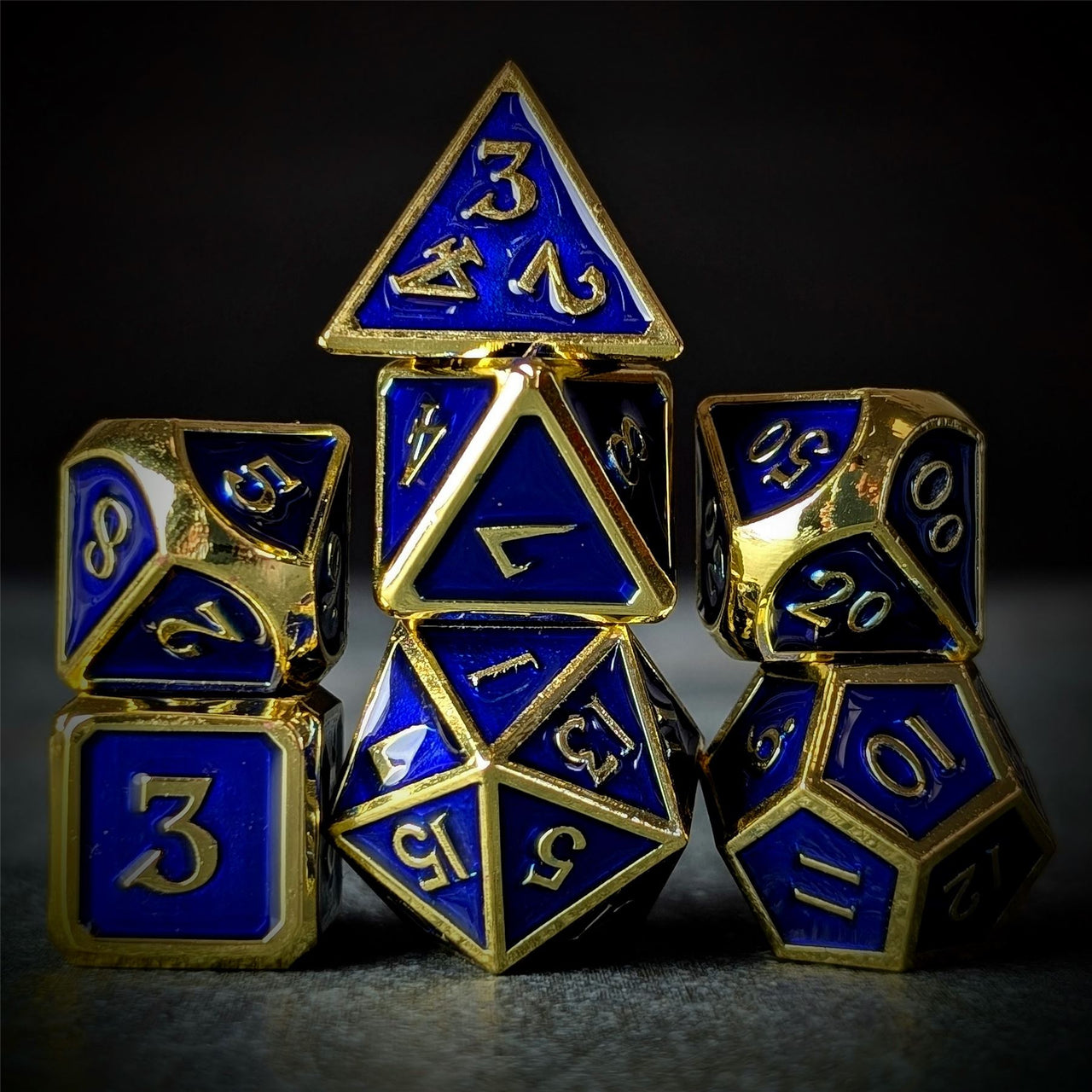 Blue Enamel in Gold Metal - 7pcs RPG Dice Set