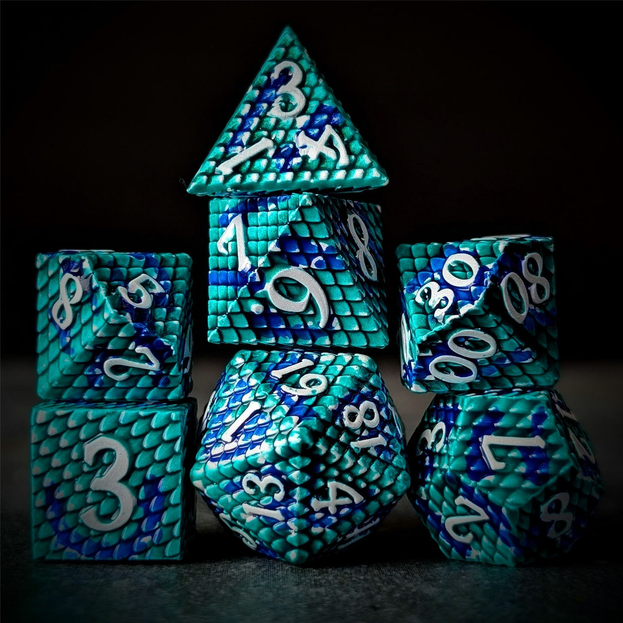 Green & Blue Dragon Scale Metal - 7pcs RPG Dice Set