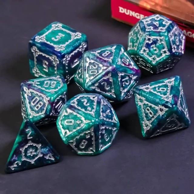 Castle on Purple & Teal Resin - 7pcs RPG Oversized Dice Set