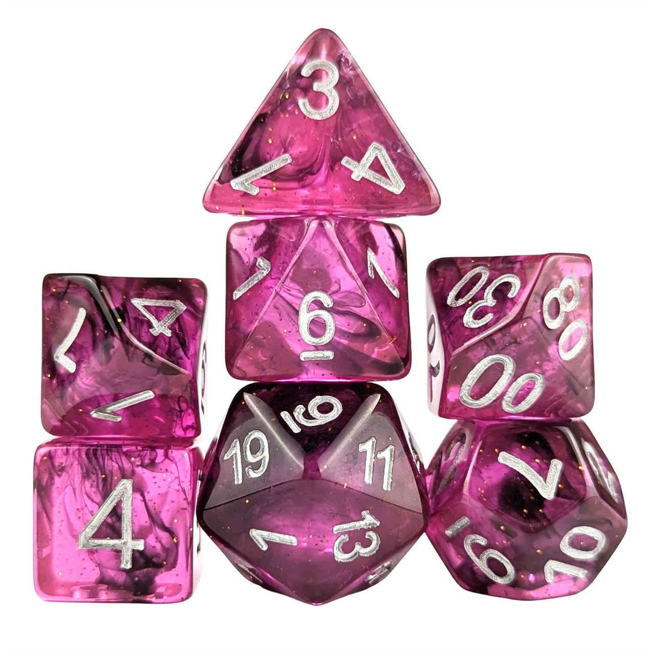 Glitter in Magenta Resin - 7pcs RPG Full Dice Set