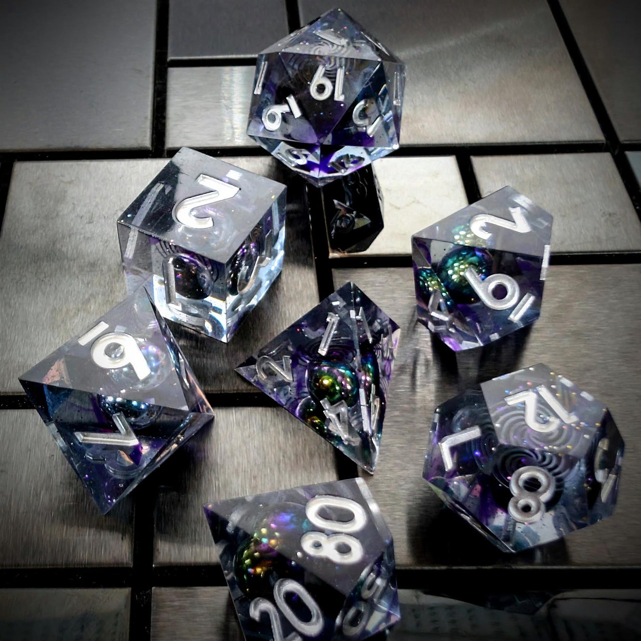 Bead Swirl in Purple & Clear Filled Sharp Resin - 7pcs RPG Dice Set