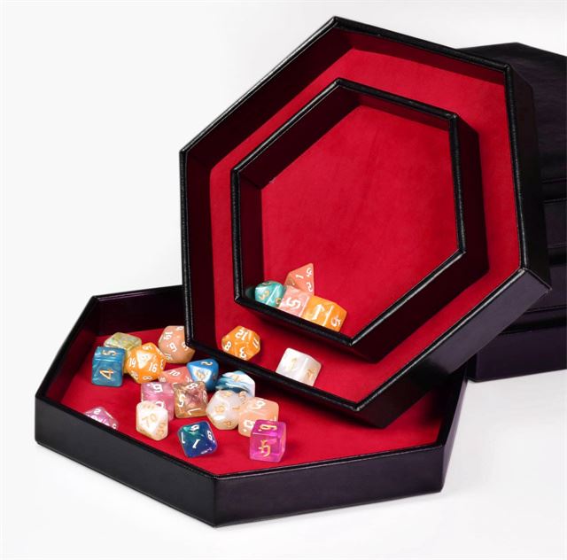 Red Velvet & Black PU Leather - Hexagon Lid Dice Tray