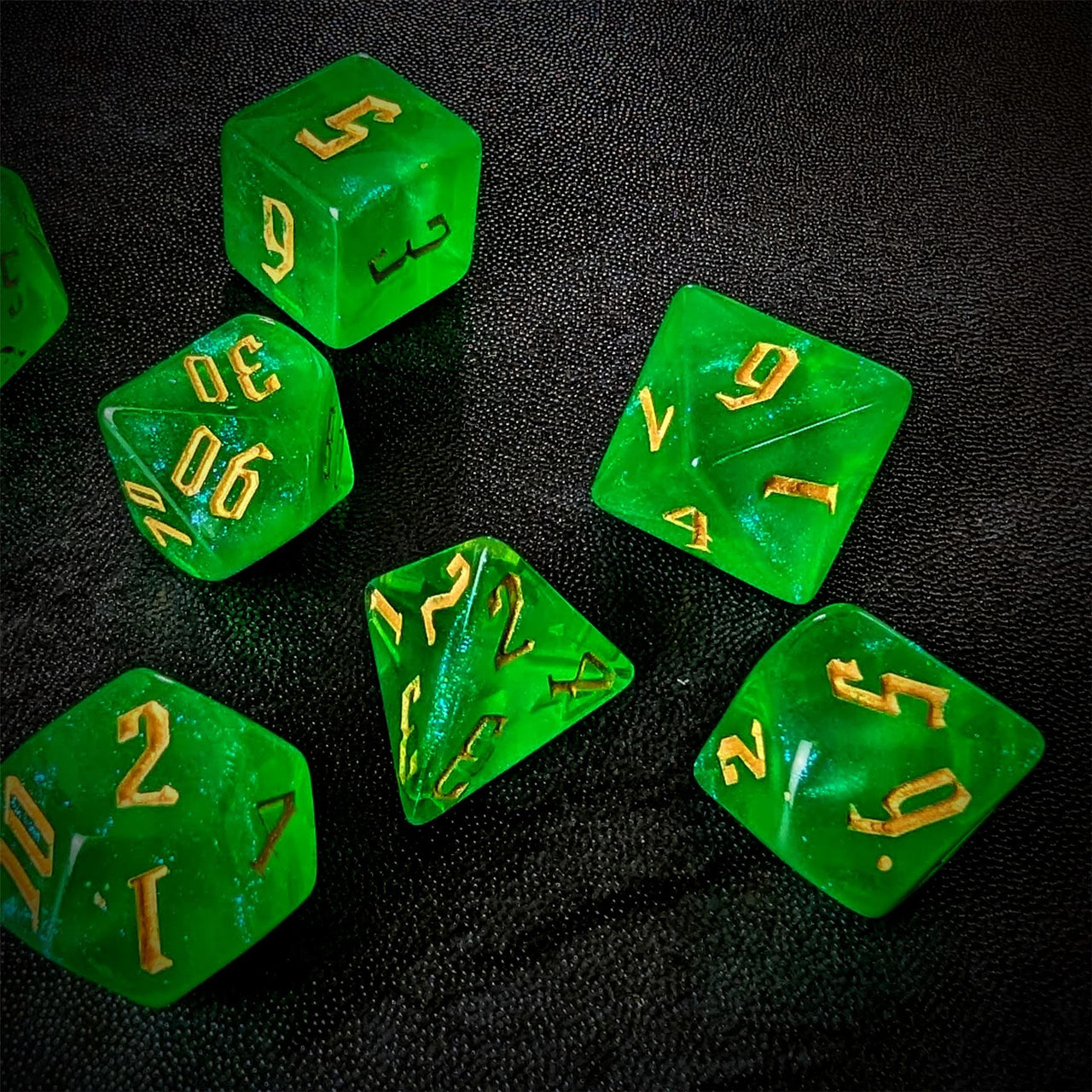 Glitter in Clear Green Acrylic - 7pcs RPG Full Dice Set Scatter