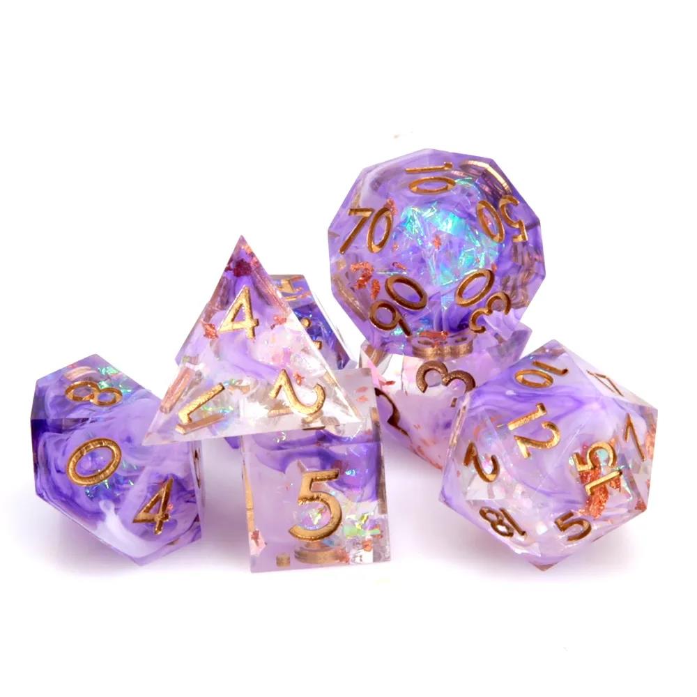 Purple Swirl in Clear with Copper Candy Sharp Resin - 7pcs RPG Dice Set