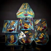 Thumbnail for Pink Glitter in Blue & Clear Liquid Filled Sharp Resin - 7pcs RPG Dice Set