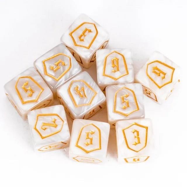 6pcs D6 16mm Dice Acrylic Gold Font Shield White