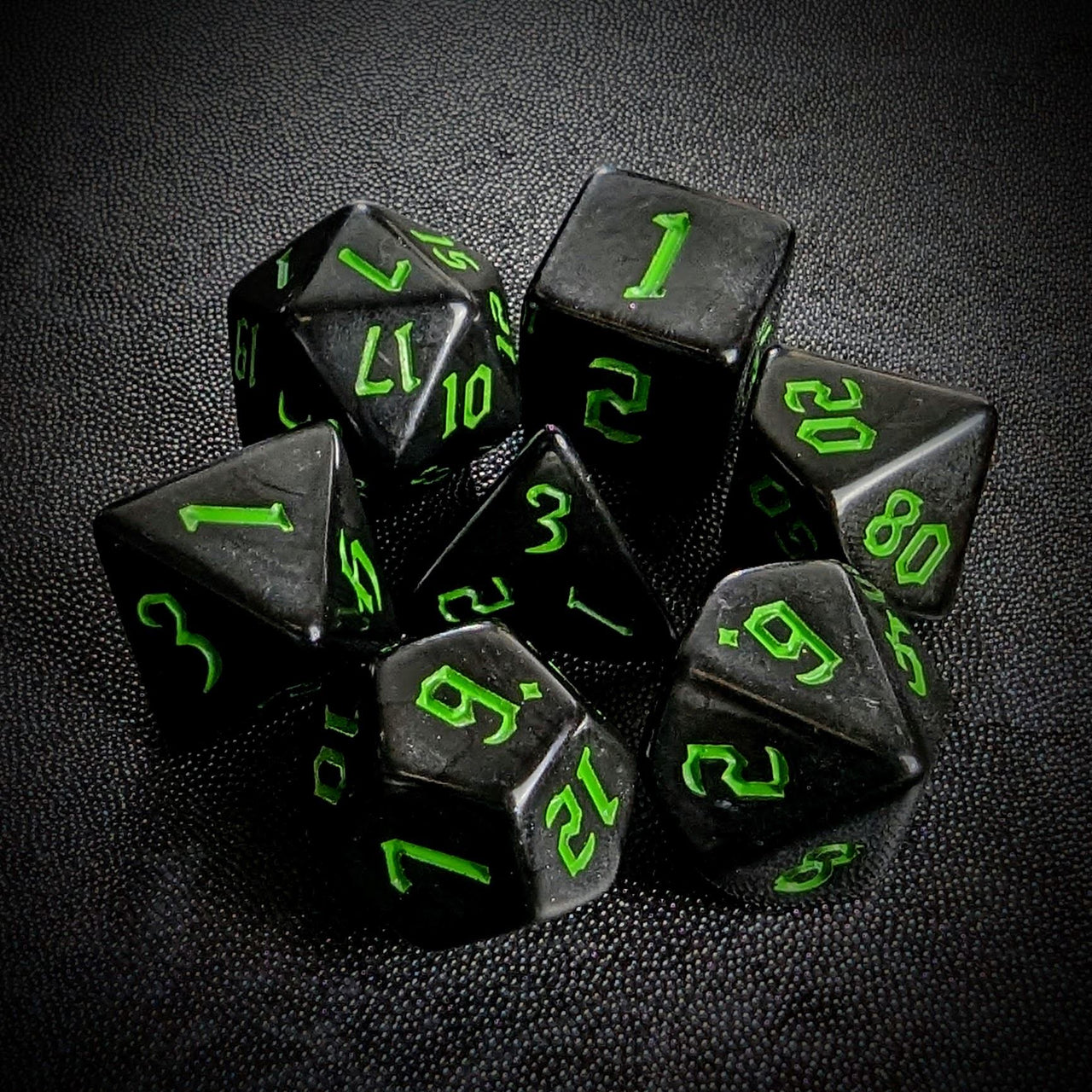 Green on Solid Black Acrylic - 7pcs RPG Full Dice Set Top