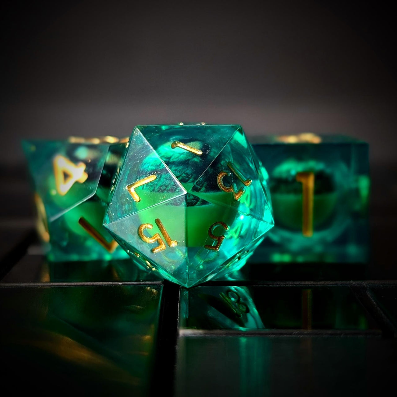 Green Dragon Eye Ball in Clear & Green Filled Sharp Resin - 7pcs RPG Dice Set