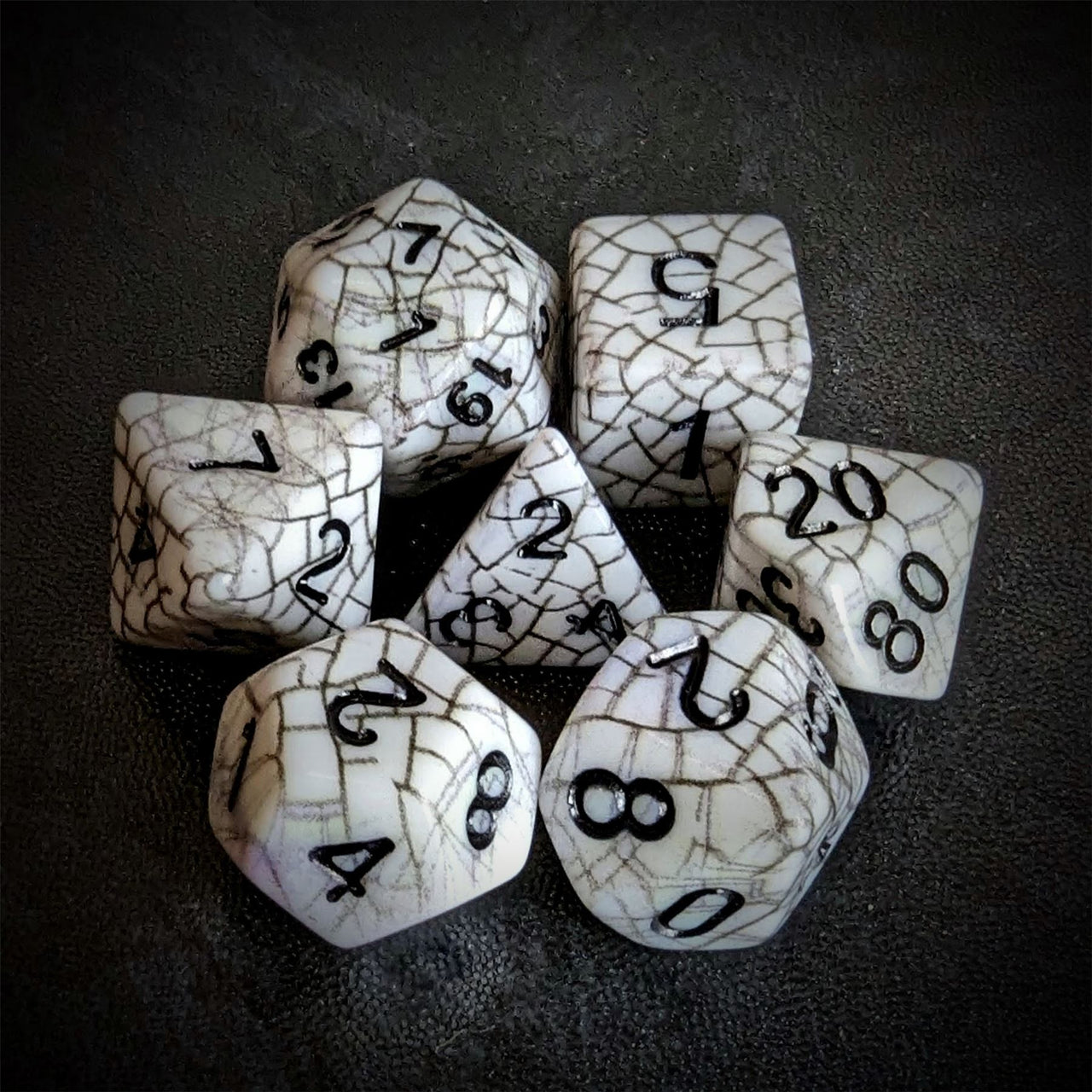 Cracked Black on White Acrylic - 7pcs RPG Full Dice Set Top