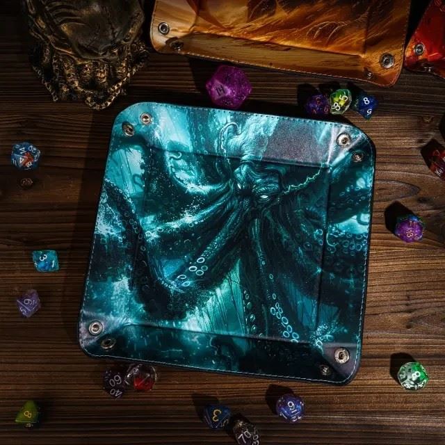 Cthulu on Green PU Leather - Square Hard Dice Tray