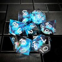 Thumbnail for 7pcs Dice Sharp Filled Liquid White Font Black Blue