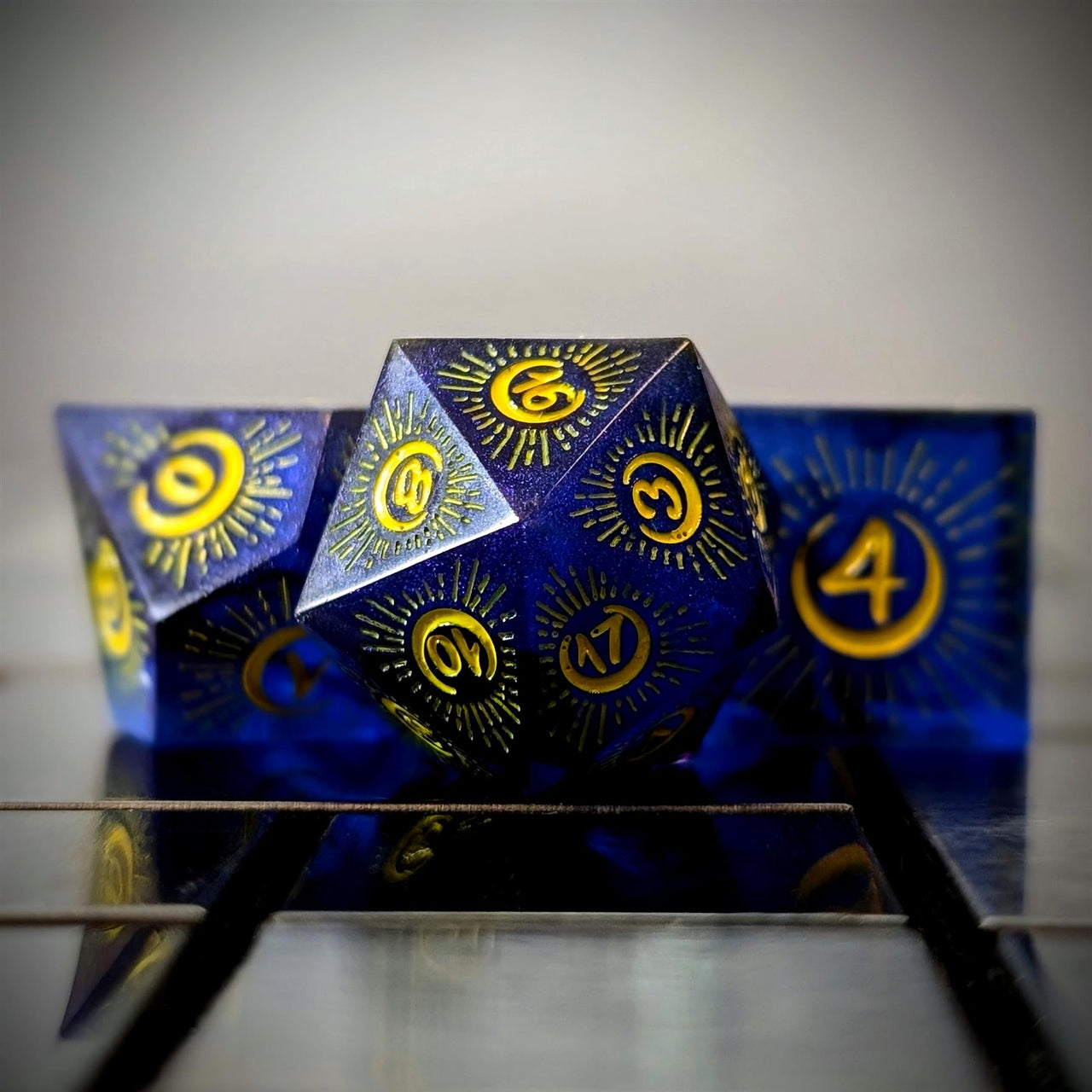 Moon on Blue with Black Swirl Sharp Resin - 7pcs RPG Dice Set