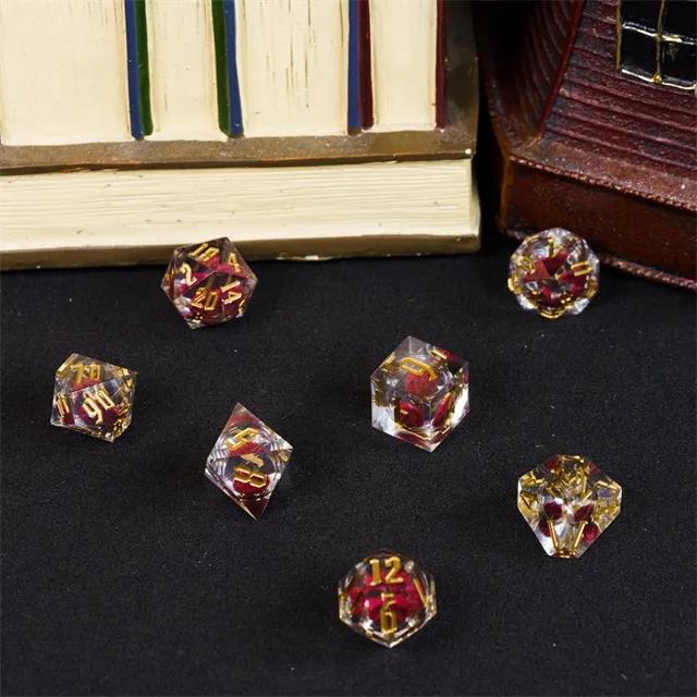 Red Glitter in Clear Liquid Filled Sharp Resin - 7pcs RPG Dice Set