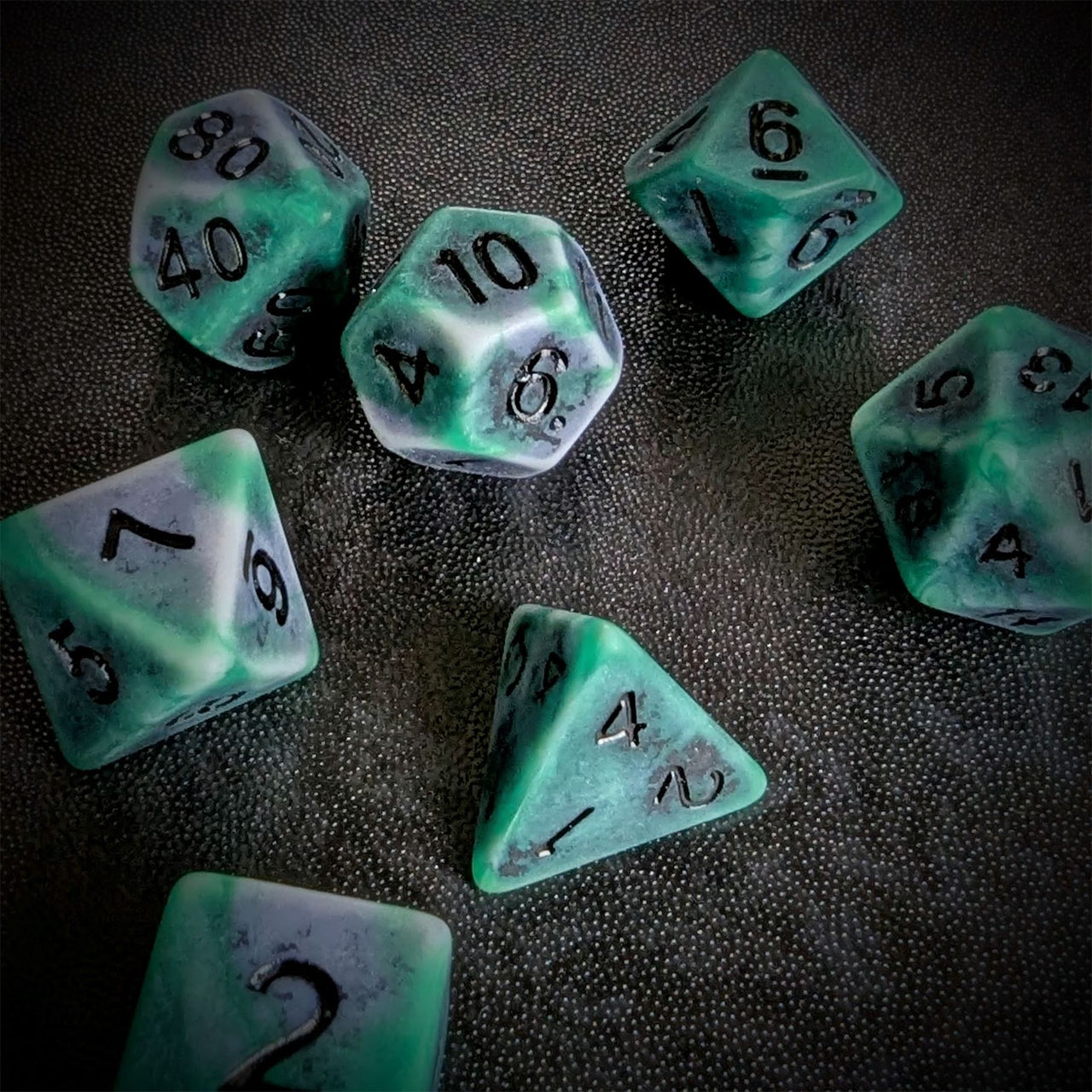 Washed Green on White Acrylic - 7pcs RPG Full Dice Set Scatter